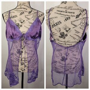 Victorias Secret Babydoll Top Large Sheer V Neck Open Front Purple VTG 90's Y2K